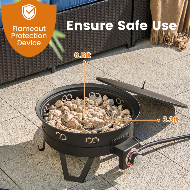 17-inch portable gas fire pit with removable grill, stainless steel burner, and folding legs for camping and outdoor.