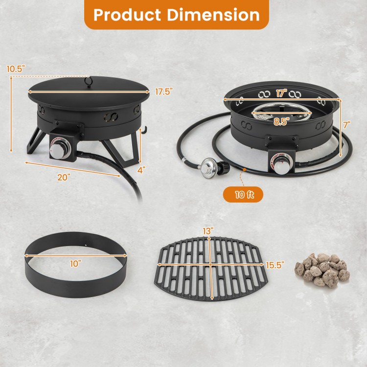 17-inch portable gas fire pit with folding legs, removable grill, and dimensions for camping and outdoor cooking.