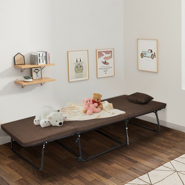 Folding guest sleeper bed in brown with adjustable backrest, extra pillow, and side pocket for convenience in any space.