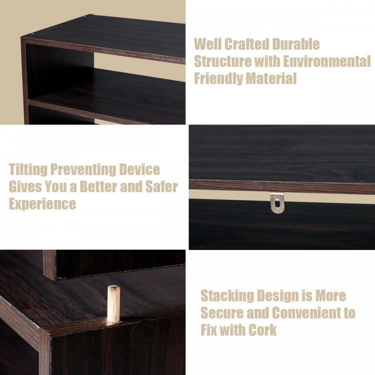 Stackable multi-shape shoe rack in brown, featuring durable wood, anti-tipping device, ideal for home or office use.