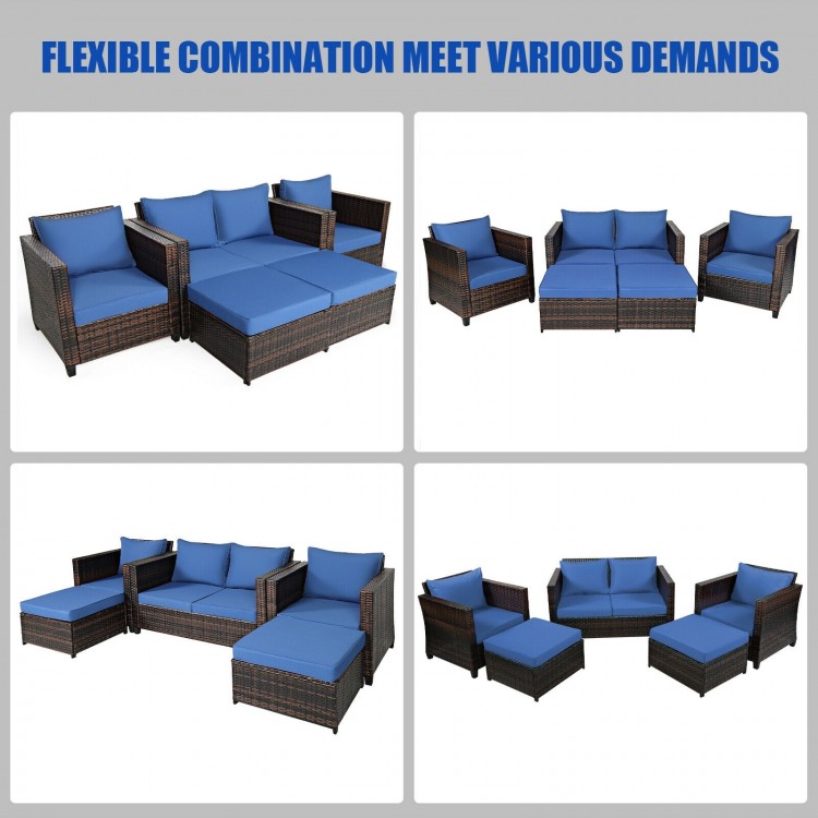 5-piece patio cushioned rattan furniture set in navy, featuring flexible combinations for indoor and outdoor use.