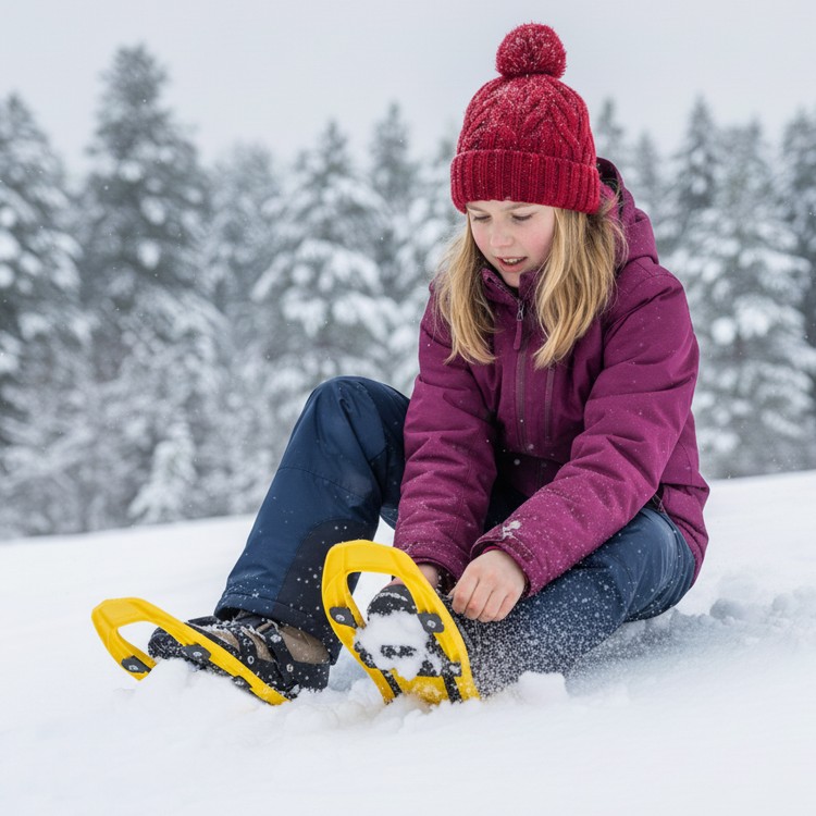 A child wearing a purple jacket and red hat adjusts yellow 17” kids snowshoes in snowy terrain for winter fun.