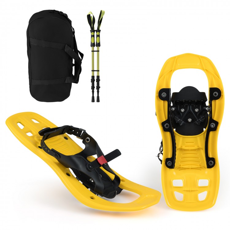 Kids yellow snowshoe with adjustable bindings and trekking poles, designed for stability and comfort in snowy.