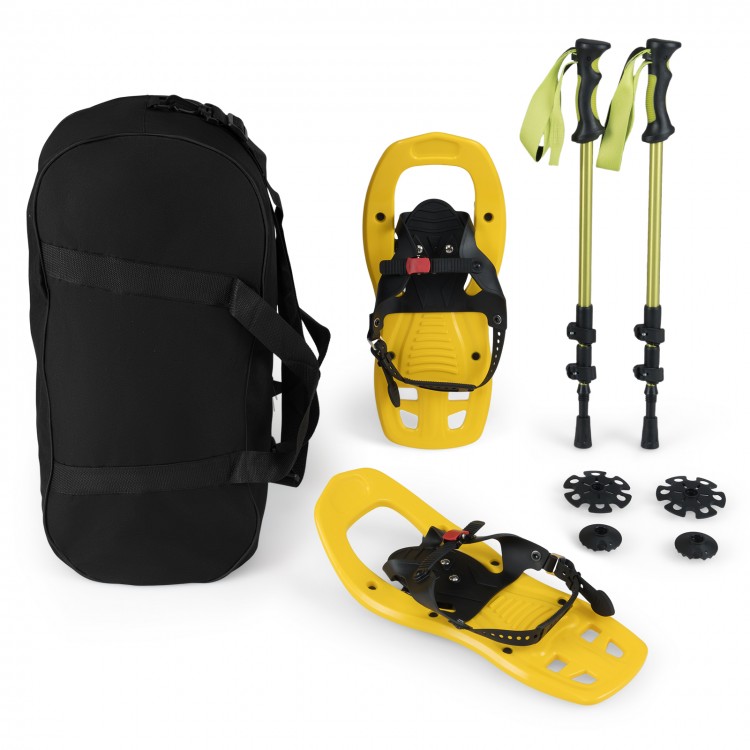 Kids' yellow snowshoes with adjustable bindings and telescoping trekking poles, perfect for winter adventures.