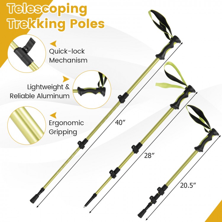 Telescoping trekking poles with quick-lock mechanism and ergonomic grips, adjustable from 20.5" to 40" for versatile.