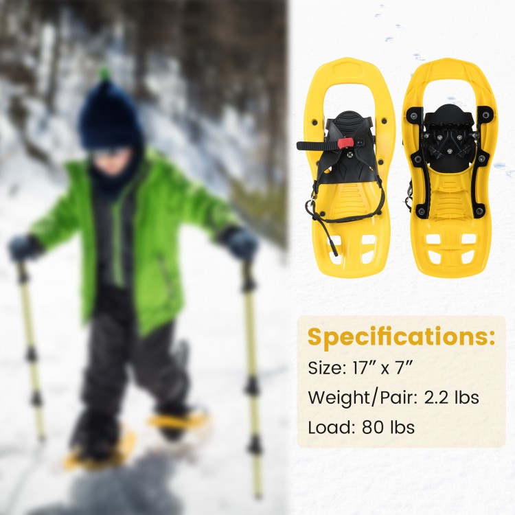 Kids' 17” yellow snowshoes with adjustable bindings and trekking poles for stable walking in snowy conditions.