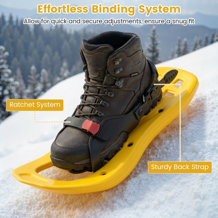 Kids snowshoe with adjustable bindings and trekking poles, designed for stability and comfort in snowy conditions.