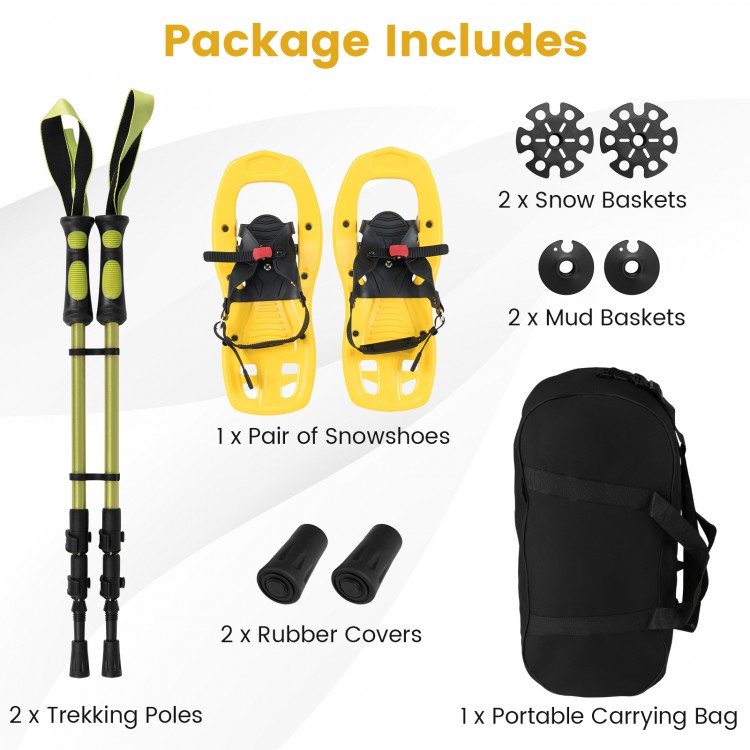 Kids snowshoes in yellow with trekking poles, snow baskets, and carry bag for versatile outdoor adventures.