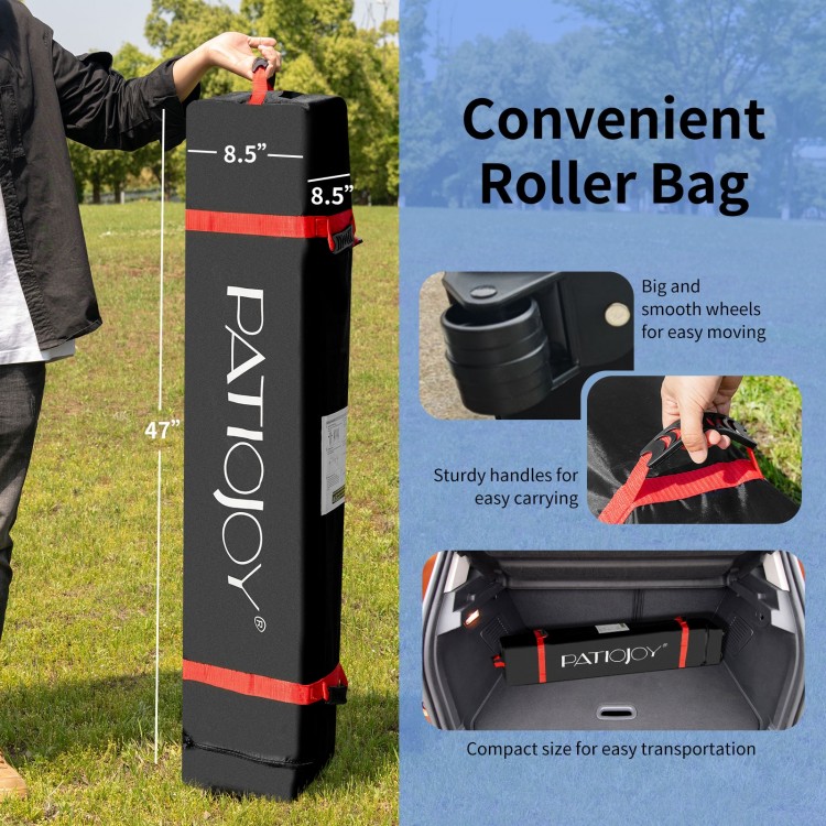 Height adjustable blue canopy tent with portable roller bag for easy transportation and storage, perfect for outdoor.