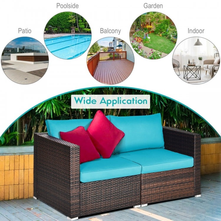 Blue 2PCS patio rattan sectional conversation sofa set with thick cushions, ideal for indoor or outdoor relaxation.