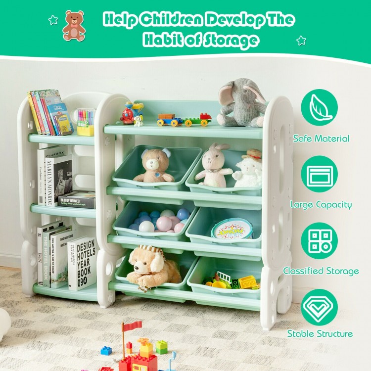 Kids toy storage organizer in green with 6 bins and bookshelf, designed for safe and easy access to toys in playrooms.