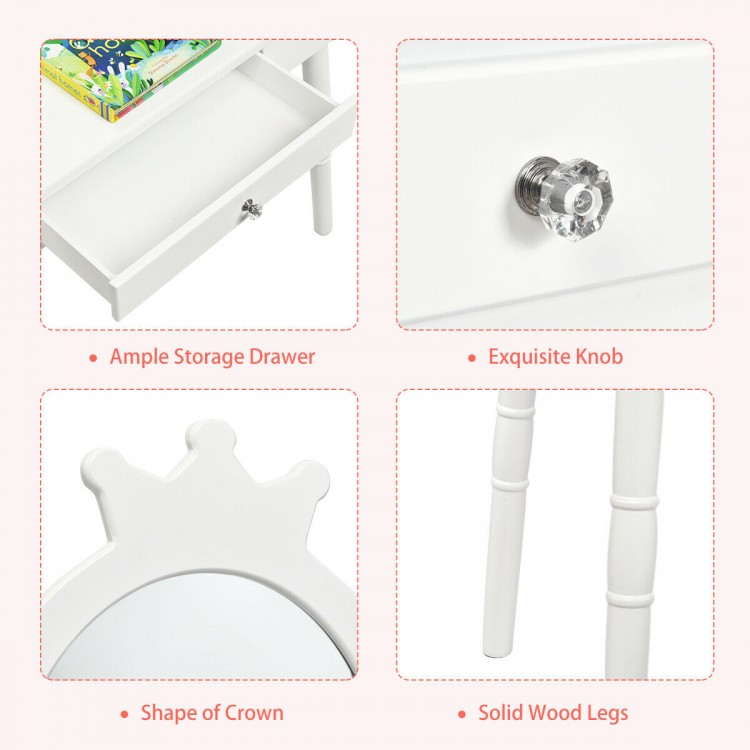 White vanity makeup table set featuring a crown-shaped mirror, ample storage drawer, and solid wood legs for stability.