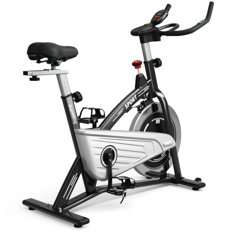 Adjustable spinning bike with 30 lbs flywheel, LCD monitor, and aluminum alloy cage pedals for home and gym use.