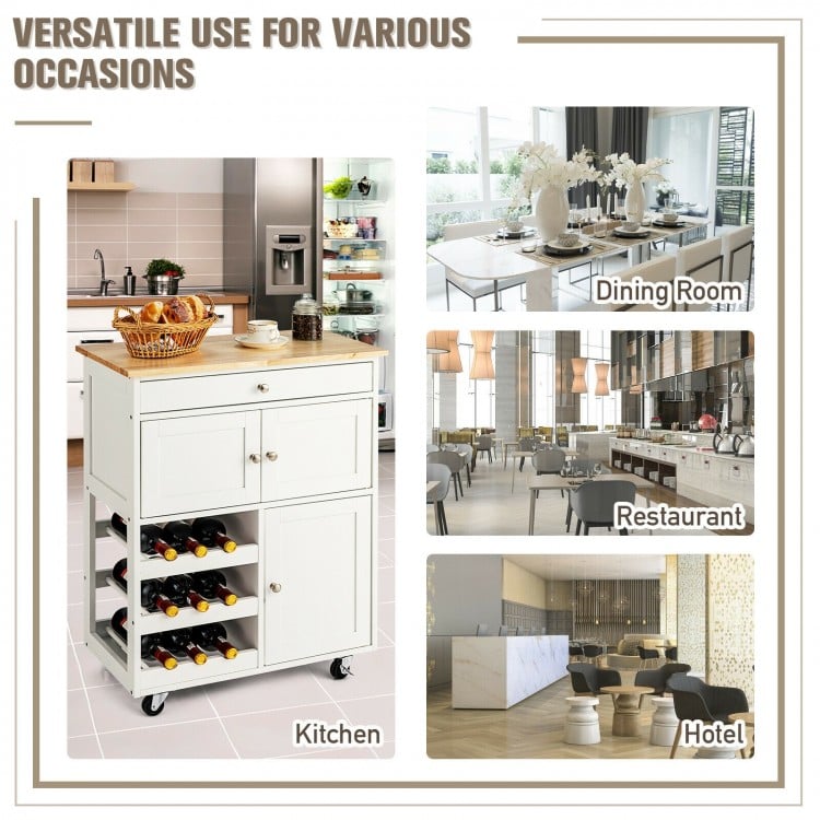 Kitchen cart with rubber wood top, 3-tier wine racks, and 2 cabinets for versatile storage and easy mobility.