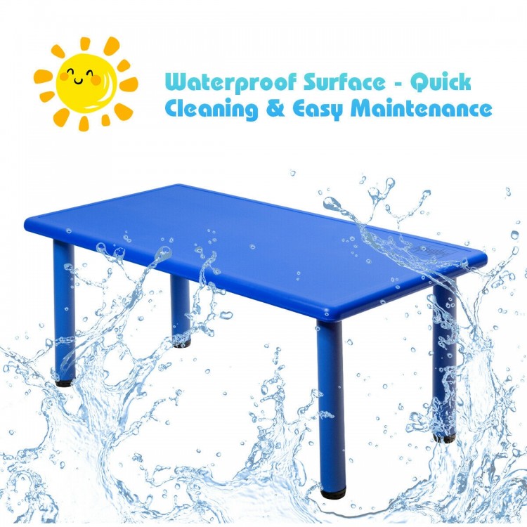 Kids plastic rectangular learn and play table in blue, waterproof surface for easy cleaning, ideal for daycares and.