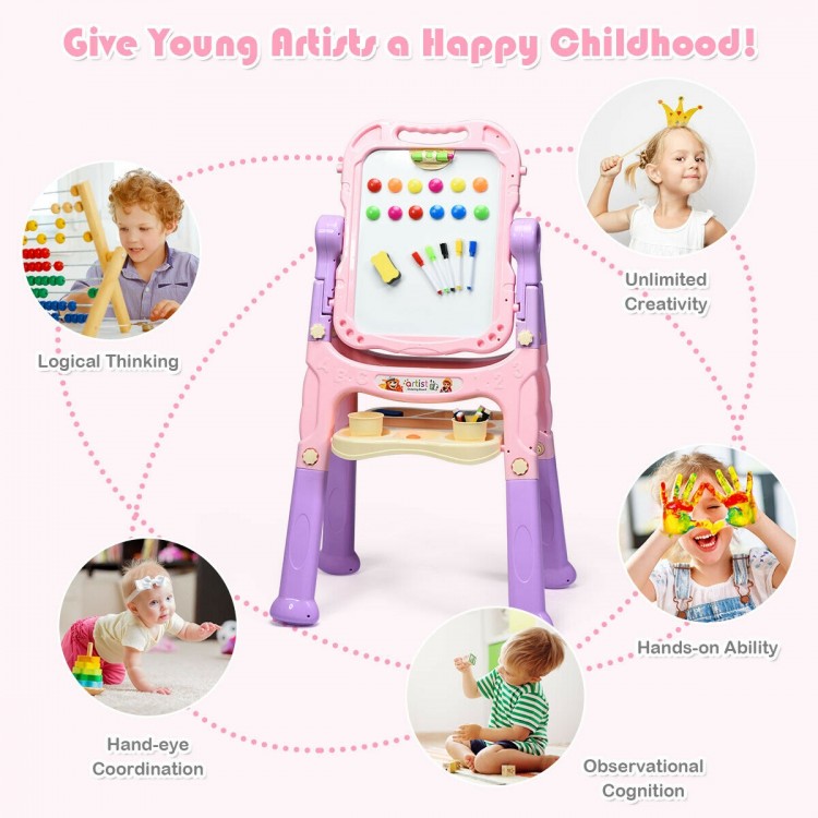 Height adjustable pink kids art easel with double-sided magnetic board, perfect for creative play and safe use.