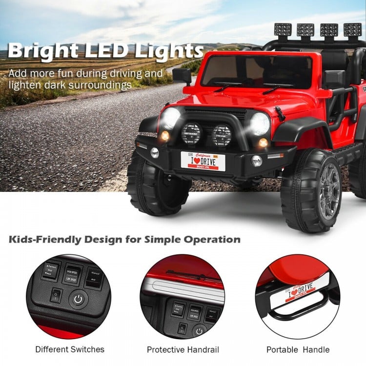 Red 12V 2-seater ride-on car with remote control, LED lights, and storage for kids' toys, designed for safe outdoor fun.