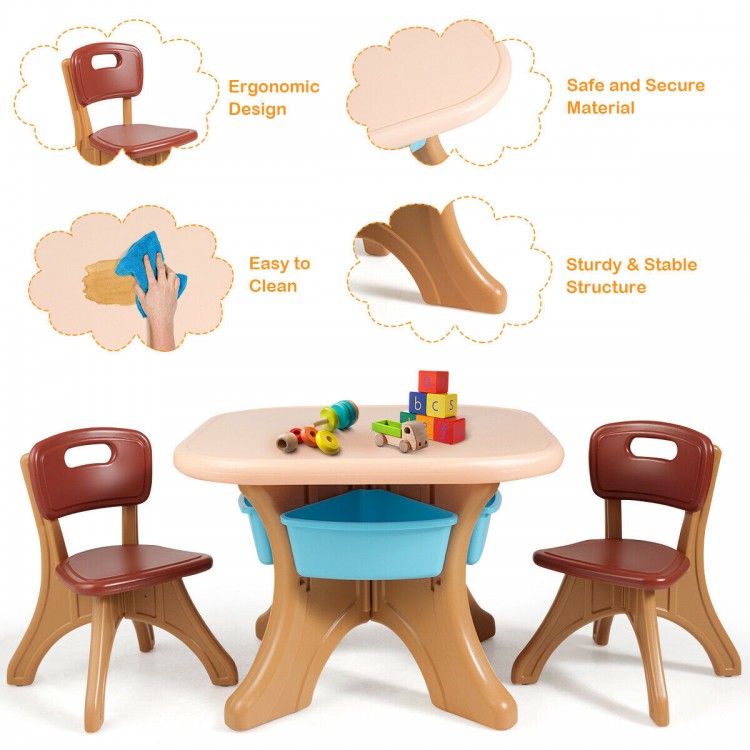 Kids activity table and chair set in brown and beige, made of durable PP material, perfect for play and learning.