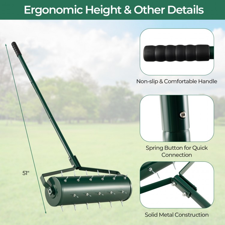 Manual lawn aerator with 21-inch width, 51-inch ergonomic height, and detachable handle for easy soil loosening.