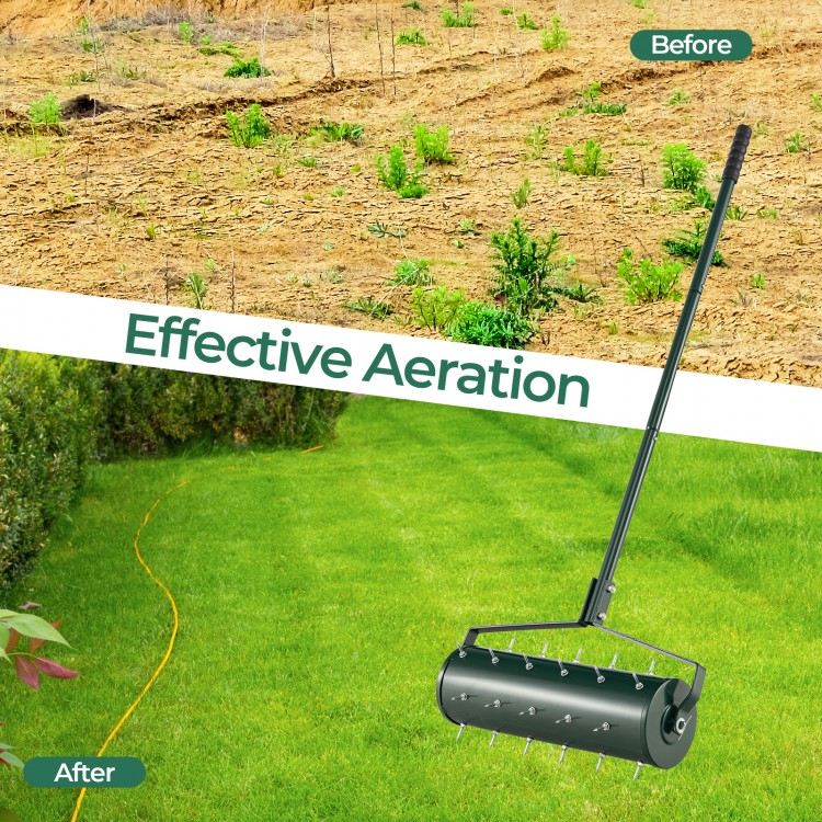 Manual lawn aerator with galvanized steel spikes, effective for loosening soil and promoting plant growth.