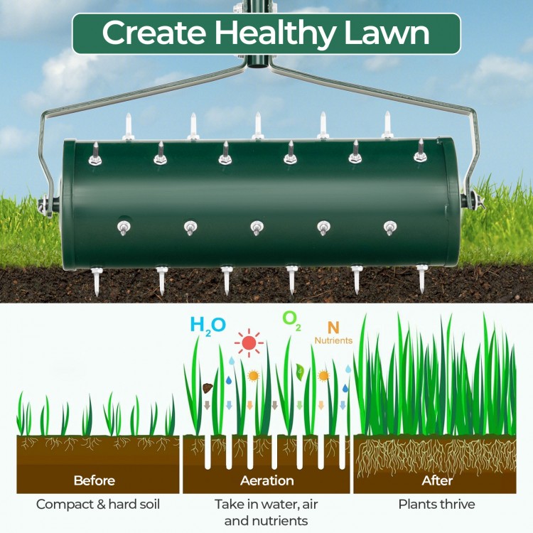 Manual lawn aerator with 27 galvanized steel spikes, 21 inches long, designed for effective soil loosening and plant.