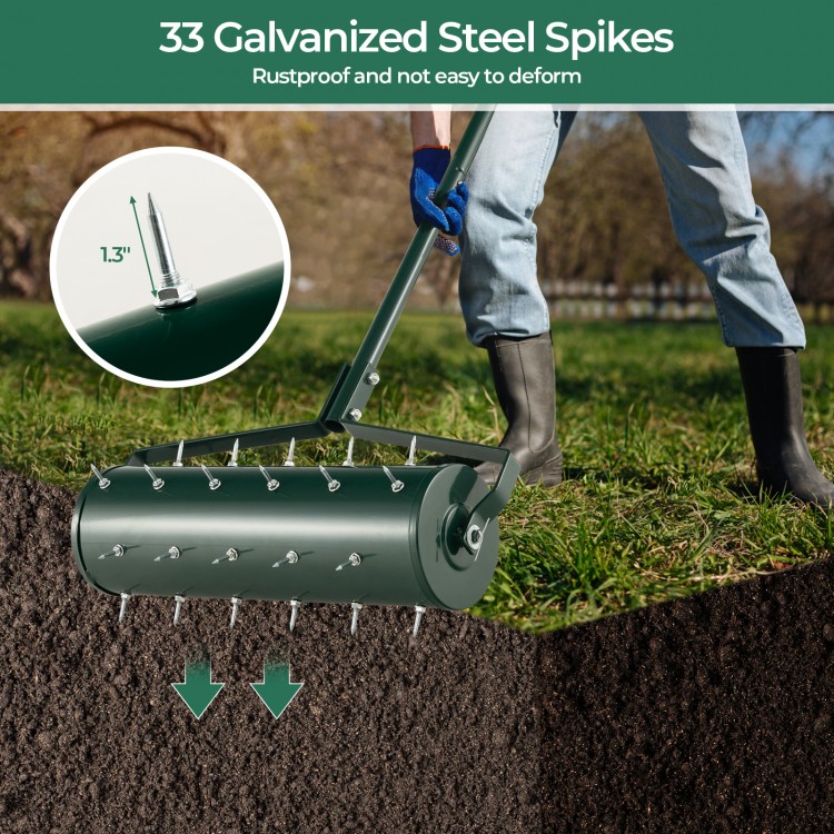 Manual lawn aerator with 33 galvanized steel spikes, 21 inches, designed for easy soil penetration and plant growth.