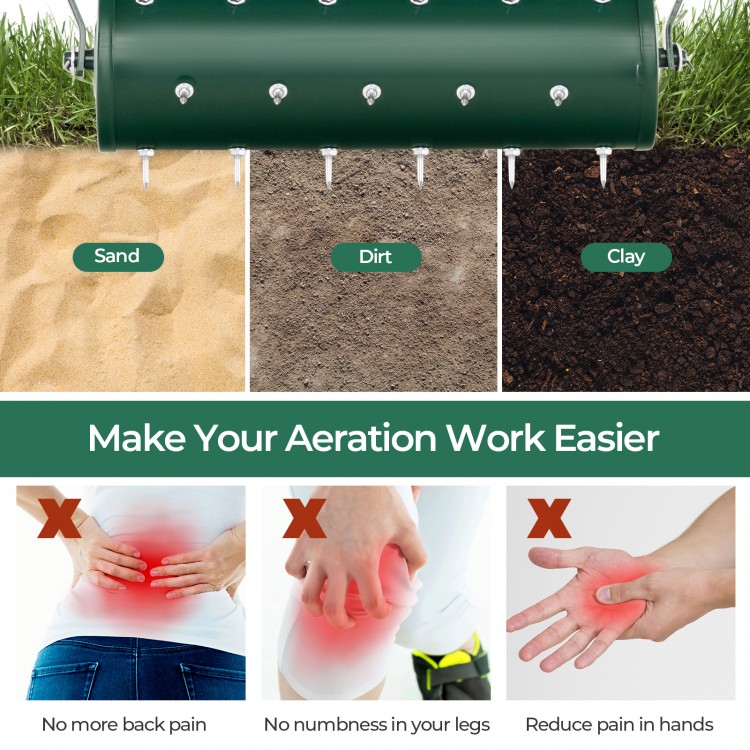 Manual lawn aerator with detachable handle, 21 inches, filled with sand, designed for easy soil penetration and comfort.