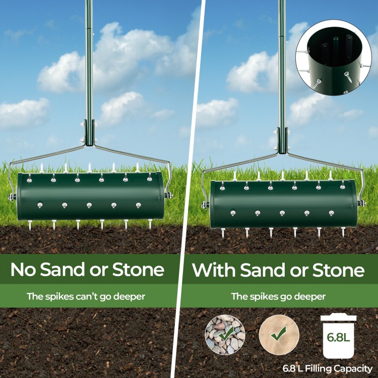 Manual lawn aerator with detachable handle, filled with sand for deeper spike penetration, 21 inches, 6.8L capacity.