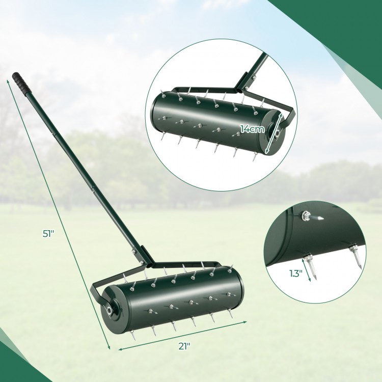 Manual lawn aerator with 21-inch roller and 27 galvanized steel spikes for effective soil loosening and plant growth.