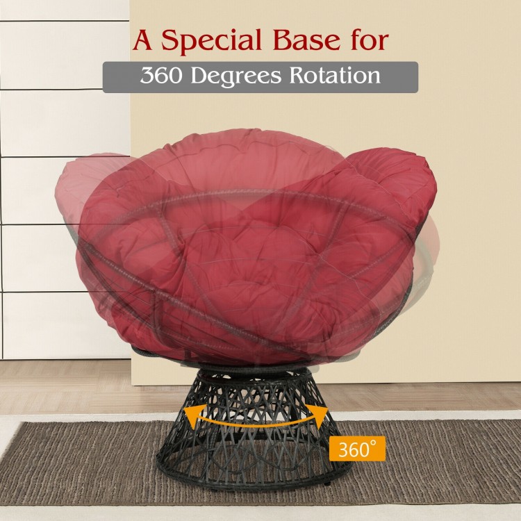 Dark red ergonomic rattan Papasan chair with 360-degree swivel and soft cushion, perfect for indoor and outdoor use.
