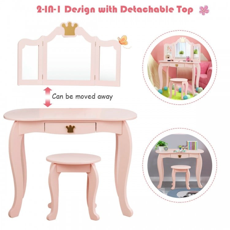 Stool of the pink kids makeup dressing table, designed for comfort and stability, perfect for a child's playroom or.