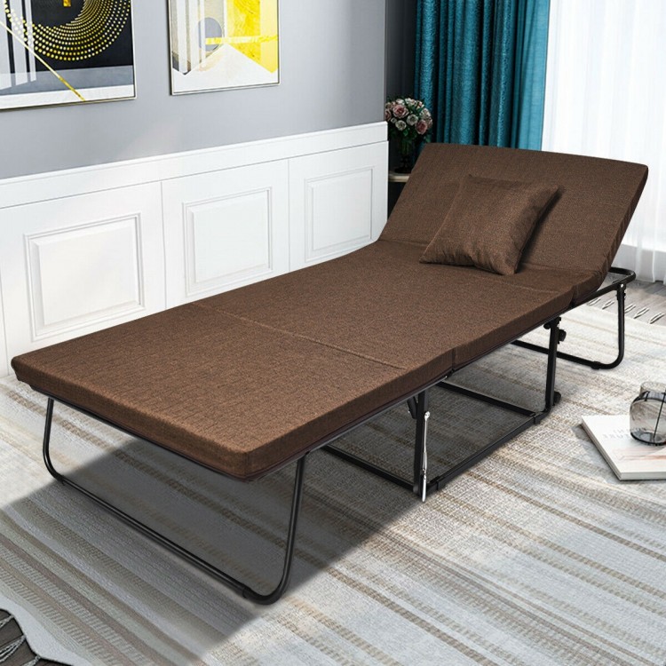 Brown folding guest sleeper bed with adjustable backrest, sturdy steel frame, and extra pillow for versatile comfort.
