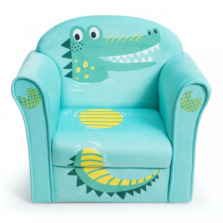 Kids crocodile armrest upholstered couch in light blue, featuring a cute design and ergonomic support for safe seating.