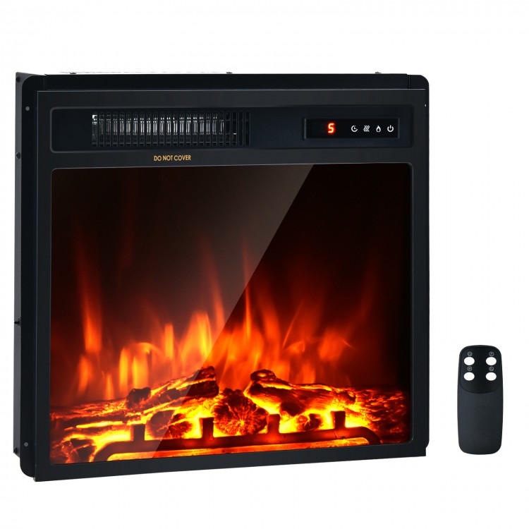 18-inch electric fireplace with remote control, featuring 1500W heating, tempered glass panel, and realistic flame.
