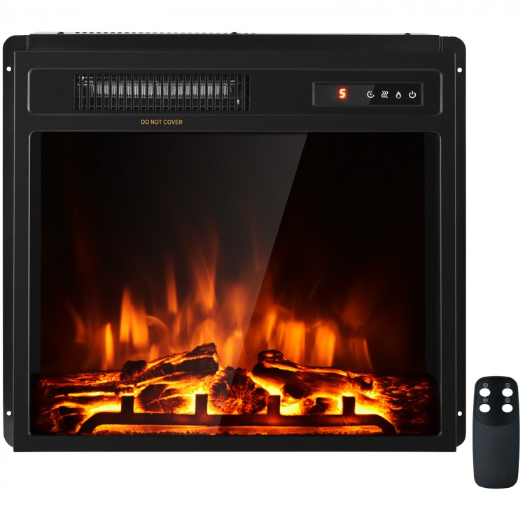 18-inch electric fireplace with remote control, 1500W heat setting, and 5 flame colors for cozy indoor heating.