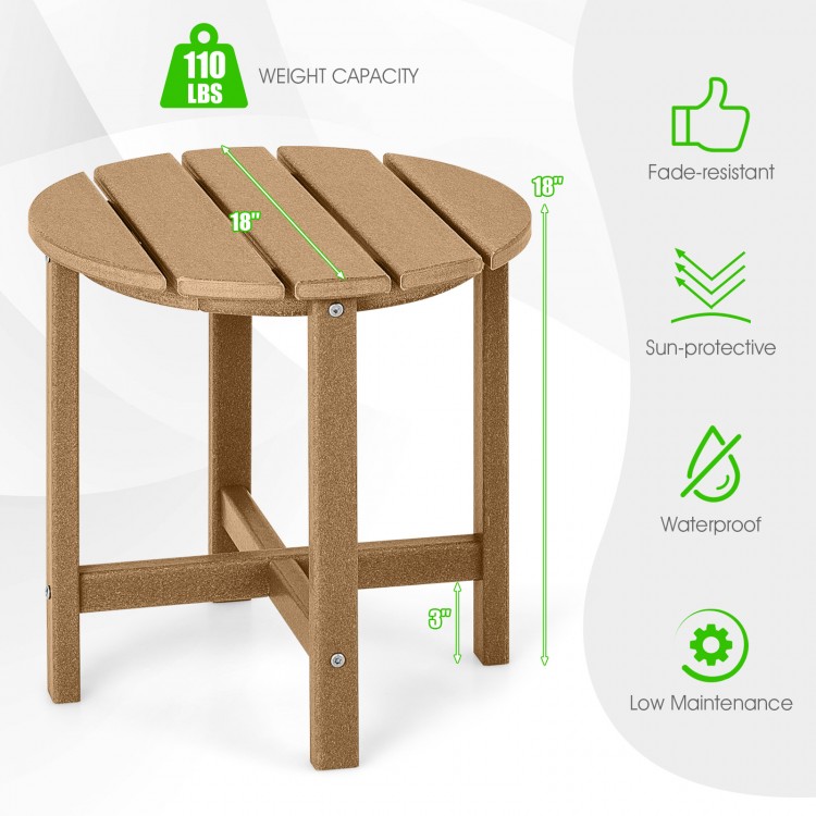 Round 18-inch weather-resistant side table in brown, featuring slatted top and 110 lbs weight capacity for outdoor use.