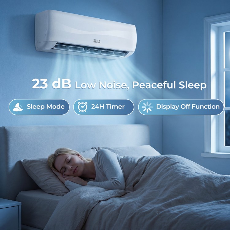 Mini split air conditioner with heat pump, 18000 BTU, 23 dB quiet operation, ideal for peaceful sleep and large spaces.