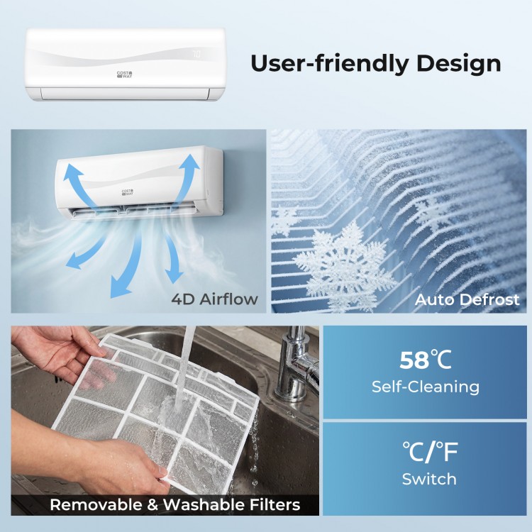 4D airflow mini split air conditioner with self-cleaning filters and remote control for year-round comfort.
