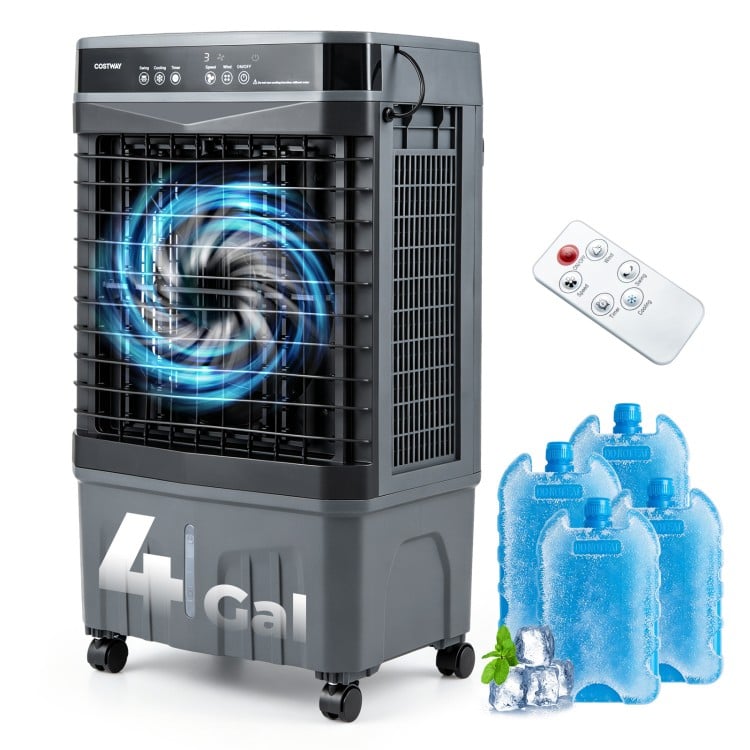 1800 CFM evaporative air cooler in black with 4-gallon tank, remote control, and ice packs for efficient cooling.