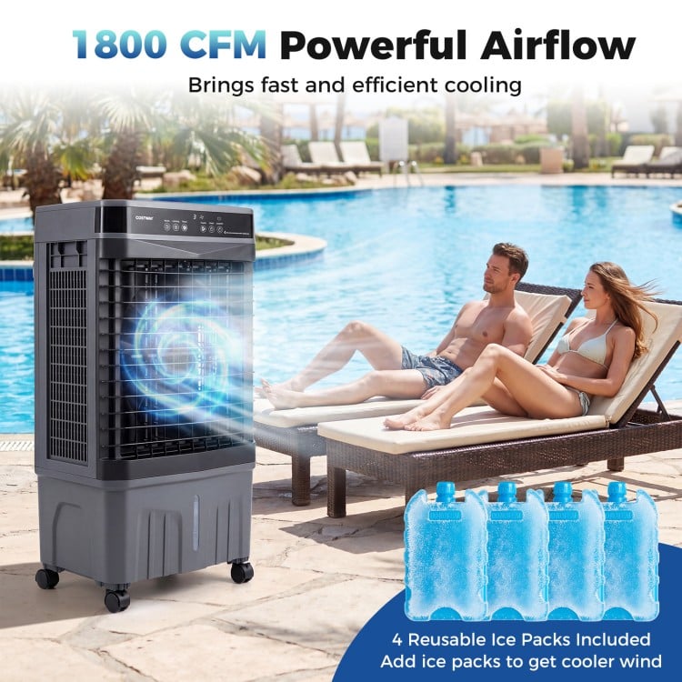 1800 CFM evaporative air cooler in black with 4 reusable ice packs, designed for efficient cooling by the poolside.
