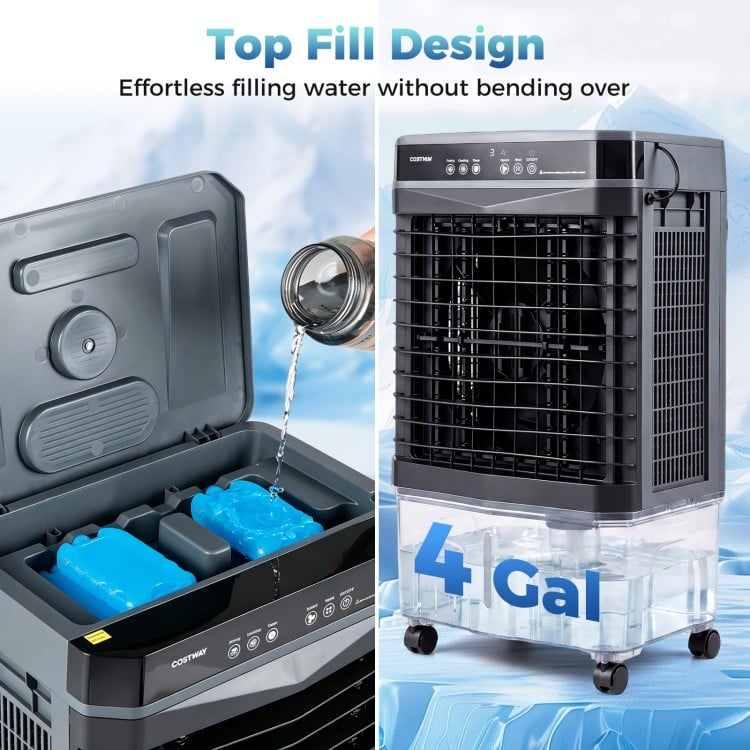Top fill design of the 1800 CFM evaporative air cooler with 4 Gal water tank for easy refilling without bending.