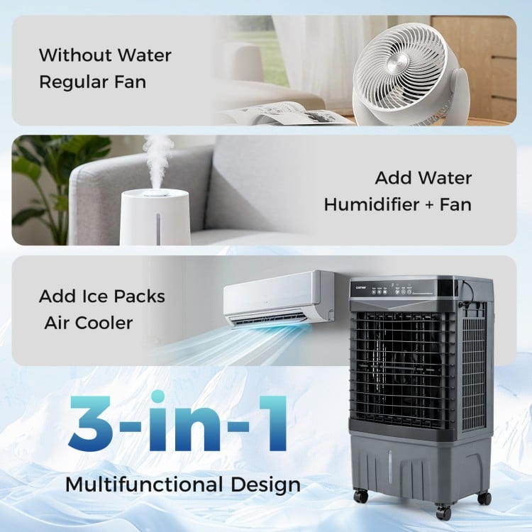 1800 CFM evaporative air cooler in black with 4-gallon tank, featuring ice pack capability for enhanced cooling.