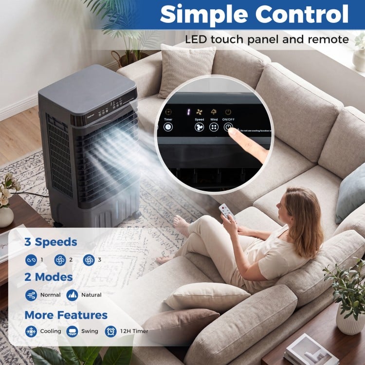Evaporative air cooler with 1800 CFM airflow, remote control, and 4-gallon tank for efficient cooling in any space.