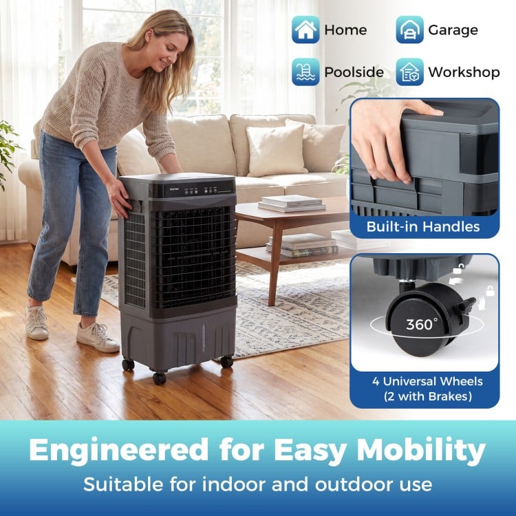 Evaporative air cooler with 1800 CFM airflow, 4-gallon tank, and wheels for easy mobility in home or garage.