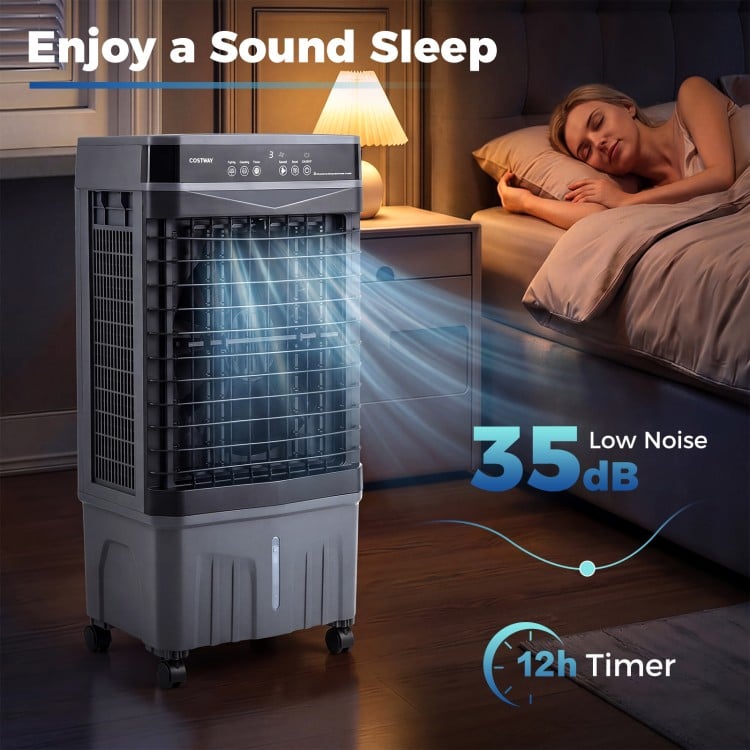 1800 CFM evaporative air cooler in black with 4-gallon tank, low noise at 35dB, ideal for home or commercial use.
