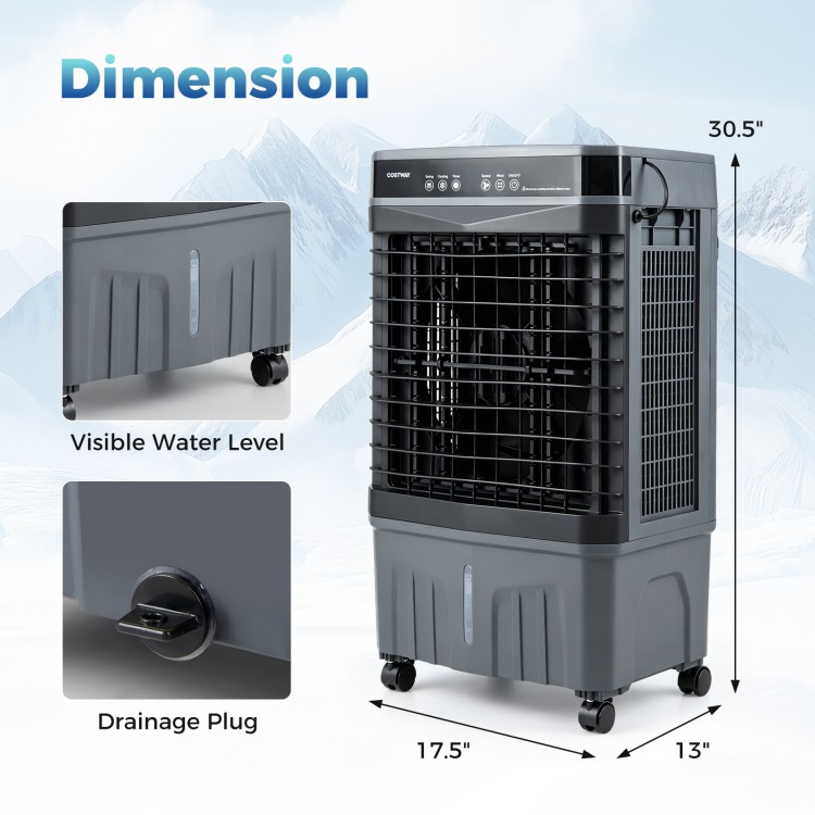 Evaporative air cooler with 1800 CFM airflow, 4-gallon tank, and touch panel for efficient cooling in black.