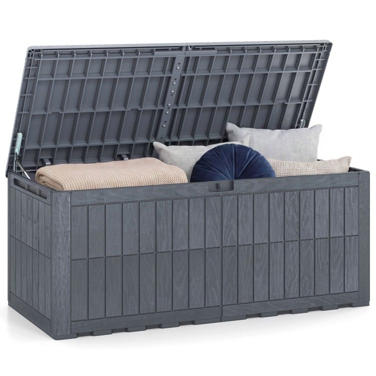 Gray 180 Gal outdoor deck box with lid, handles, and wicker texture for secure storage and extra seating for four.