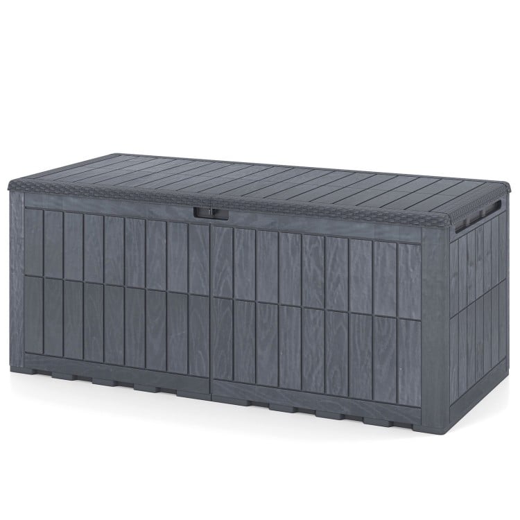 Gray 180 Gal outdoor deck box with lockable lid, handles, and wicker texture for versatile storage and seating.