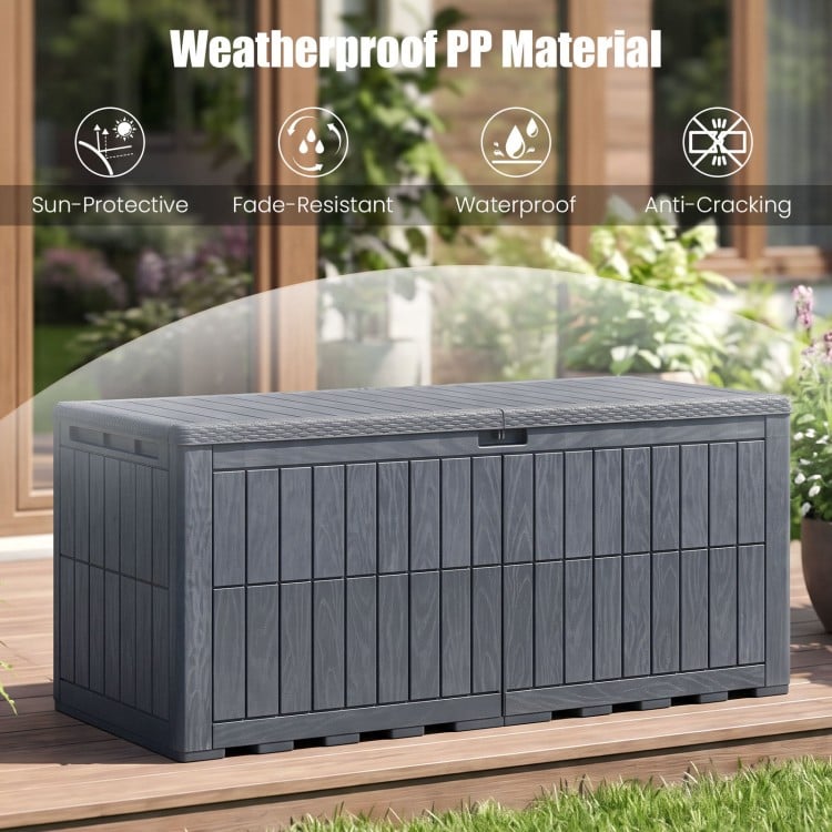 Gray 180 Gal outdoor deck box made of weatherproof PP material, featuring a lockable lid and handles for easy transport.