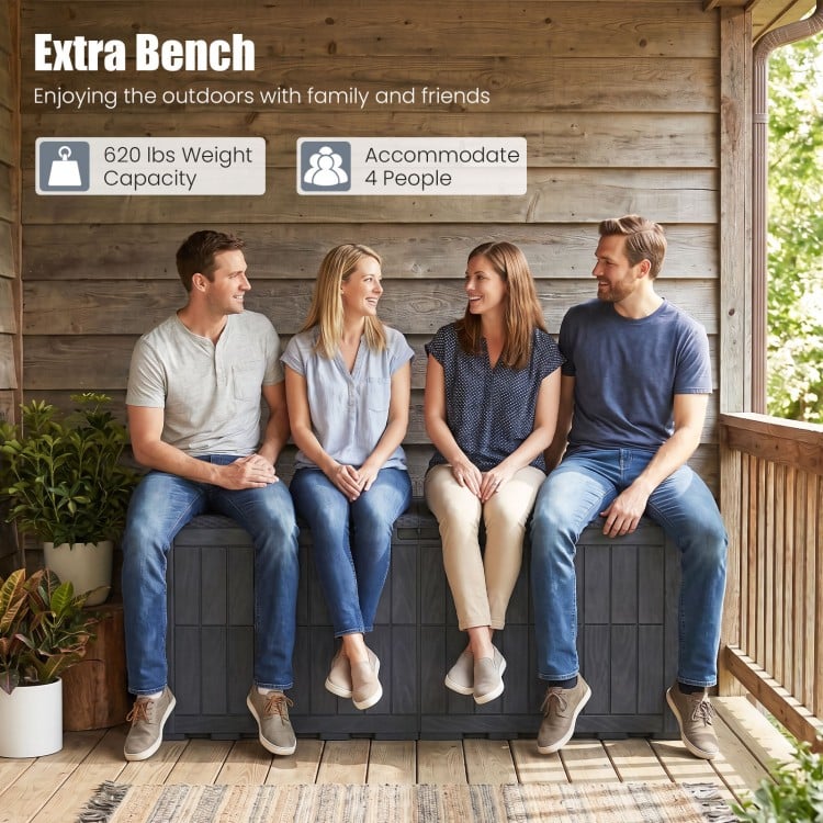 Extra bench seating on the 180 Gal outdoor deck box, made of durable gray PP, accommodates 4 people and supports 620.